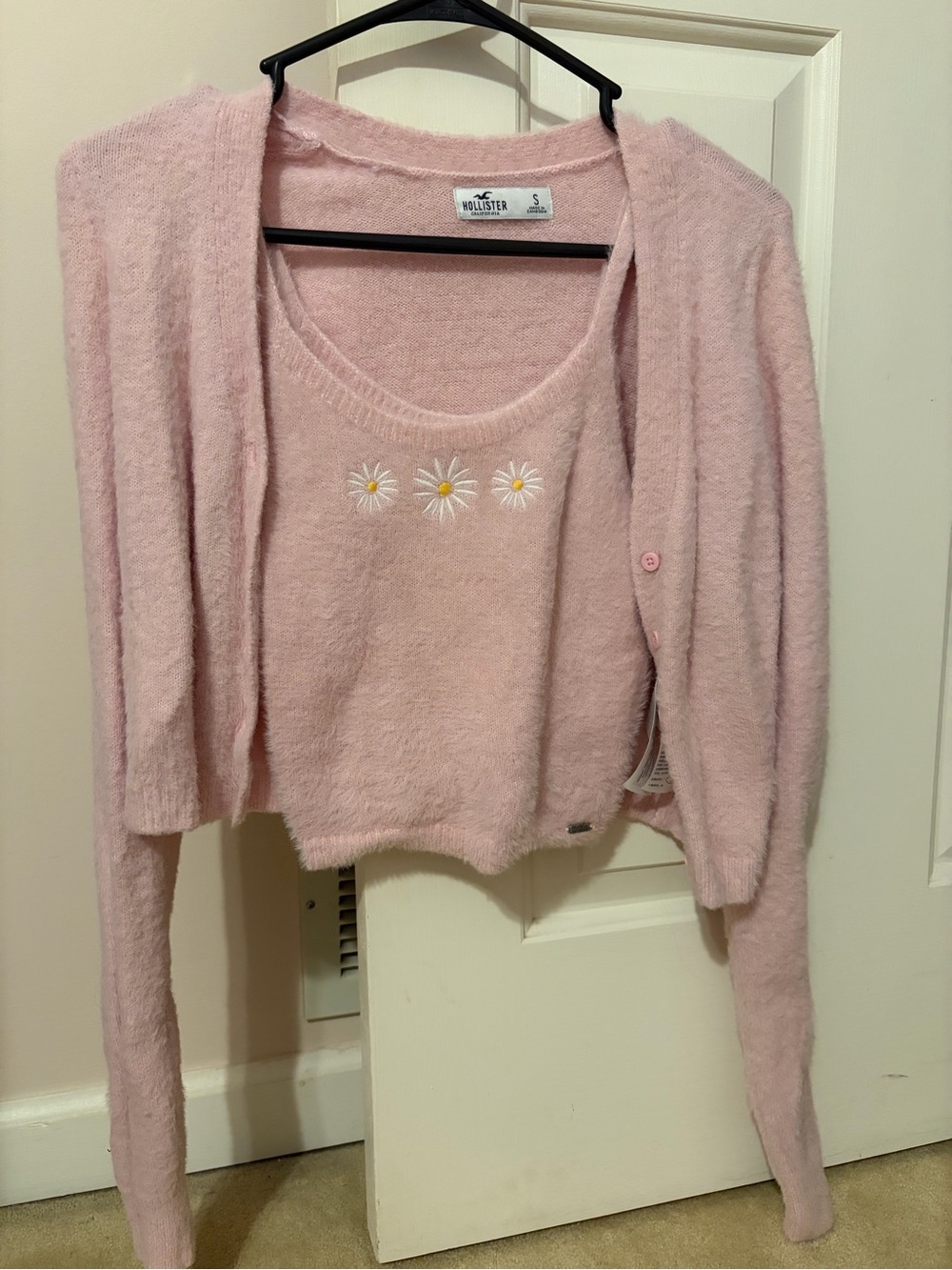 Hollister Light Pink Daisy Embroidered Cardigan & Tank Set